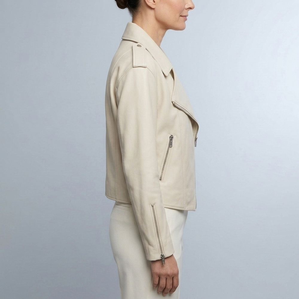 Women's Leather Jacket | Moto Cropped Asymmetric Beige front view