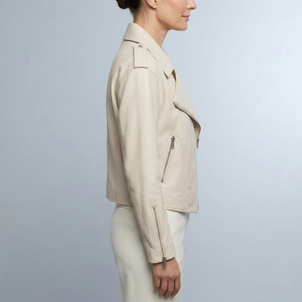 Women's Leather Jacket | Moto Cropped Asymmetric Beige side view