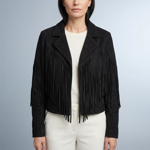 Women's Fringed Jacket | Cropped Suede Western Black front view