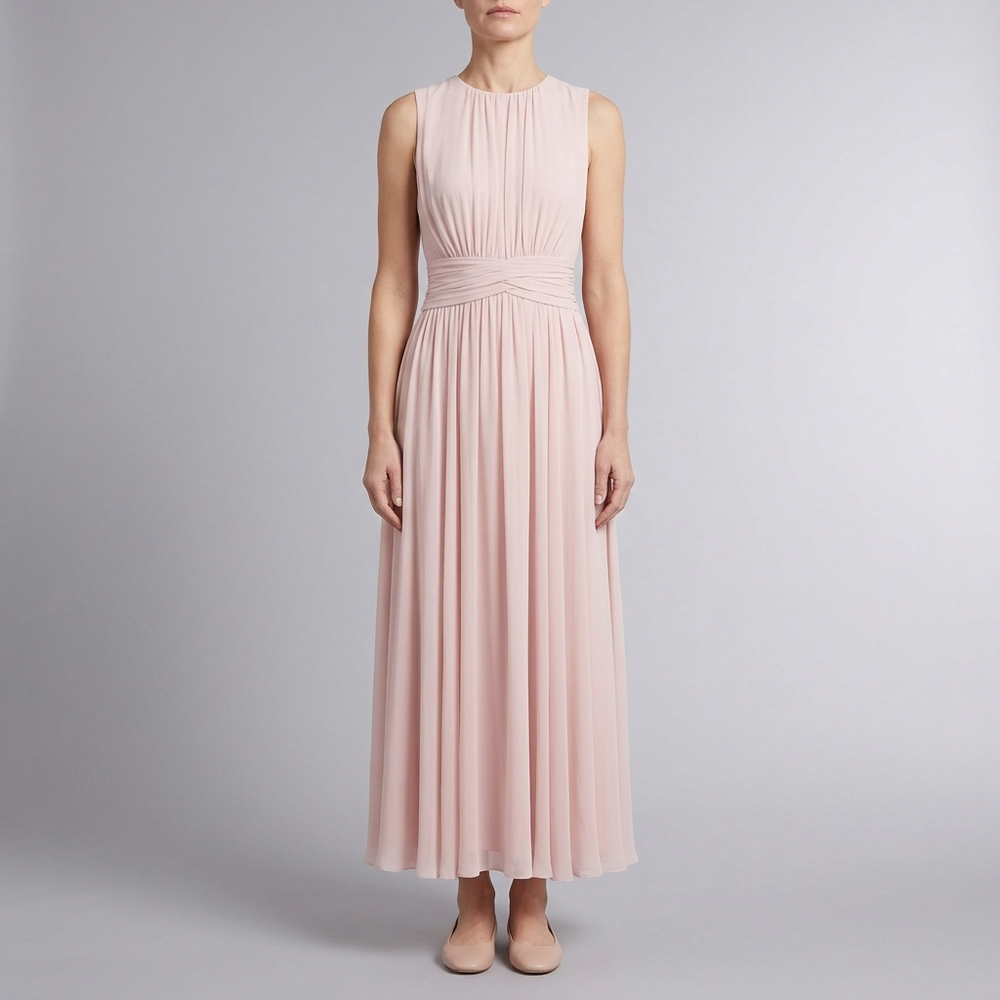 Women's Bridesmaid Dress | Maxi Pleated Gathered Waist Sleeveless Pink front view