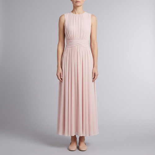 Women's Bridesmaid Dress | Maxi Pleated Gathered Waist Sleeveless Pink front view