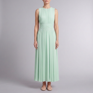 Women's Bridesmaid Dress | Maxi Pleated Gathered Waist Sleeveless Mint Green front view