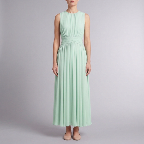 Women's Bridesmaid Dress | Maxi Pleated Gathered Waist Sleeveless Mint Green front view
