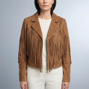 Women's Fringed Jacket | Cropped Suede Western Brown front view