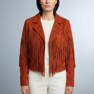 Women's Fringed Jacket | Cropped Suede Western Orange front view