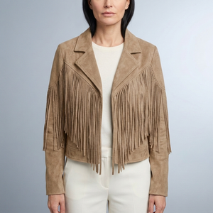 Women's Fringed Jacket | Cropped Suede Western Beige front view