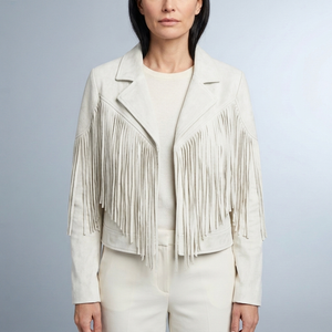 Women's Fringed Jacket | Cropped Suede Western White front view