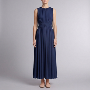 Women's Bridesmaid Dress | Maxi Pleated Gathered Waist Sleeveless Dark Blue front view