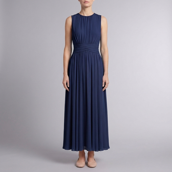 Women's Bridesmaid Dress | Maxi Pleated Gathered Waist Sleeveless Dark Blue front view