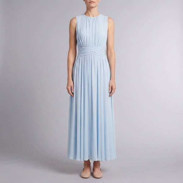 Women's Bridesmaid Dress | Maxi Pleated Gathered Waist Sleeveless Light Blue front view