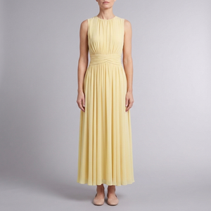 Women's Bridesmaid Dress | Maxi Pleated Gathered Waist Sleeveless Yellow front view