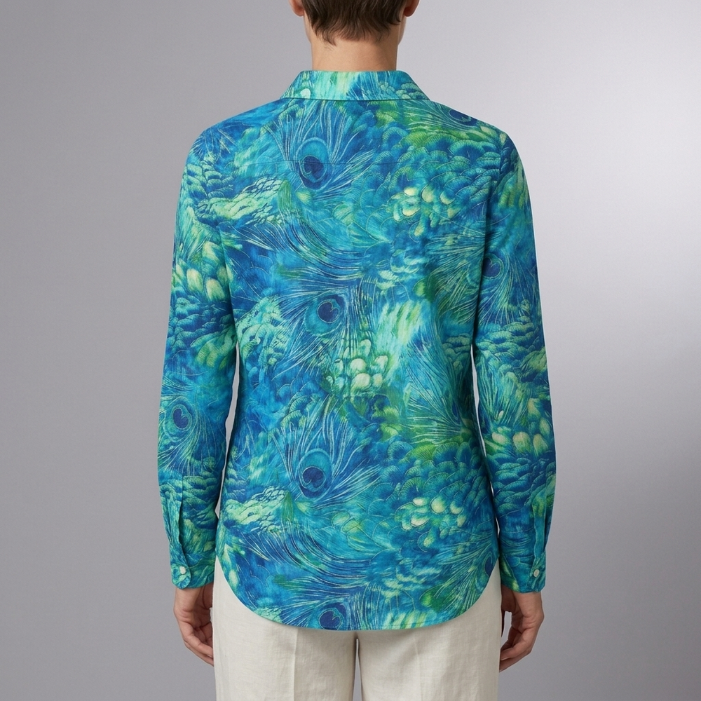 Women's Blouse | Peacock Print Button Front Long Sleeve Multicolour front view