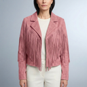 Women's Fringed Jacket | Cropped Suede Western Pink front view