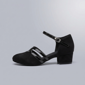 Black Shoes For Women | Dance Ankle Strap Block Heel Black side profile view