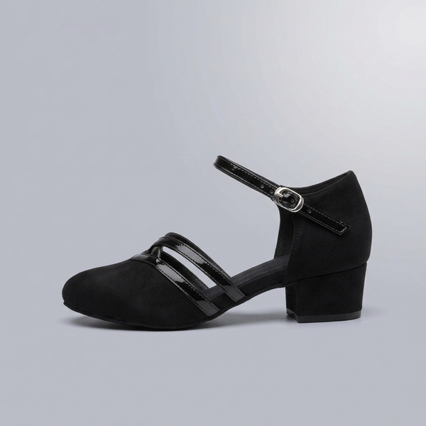 Black Shoes For Women | Dance Ankle Strap Block Heel Black side profile view