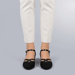 Black Shoes For Women | Dance Ankle Strap Block Heel Black front view worn