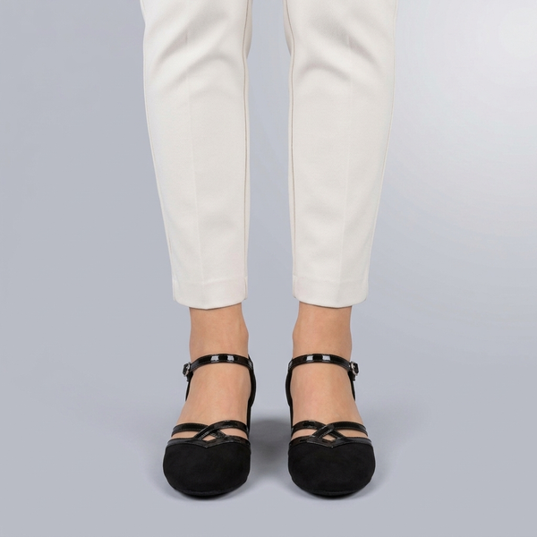 Black Shoes For Women | Dance Ankle Strap Block Heel Black front view worn