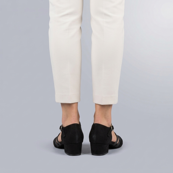Black Shoes For Women | Dance Ankle Strap Block Heel Black back view worn