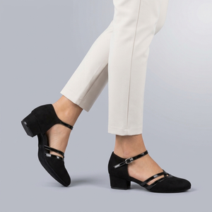 Black Shoes For Women | Dance Ankle Strap Block Heel Black side view walking