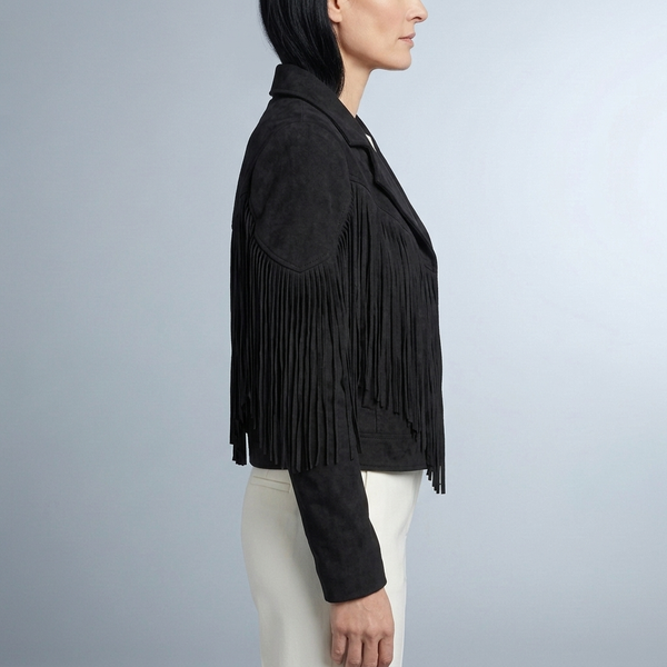 Women's Fringed Jacket | Cropped Suede Western Black side view