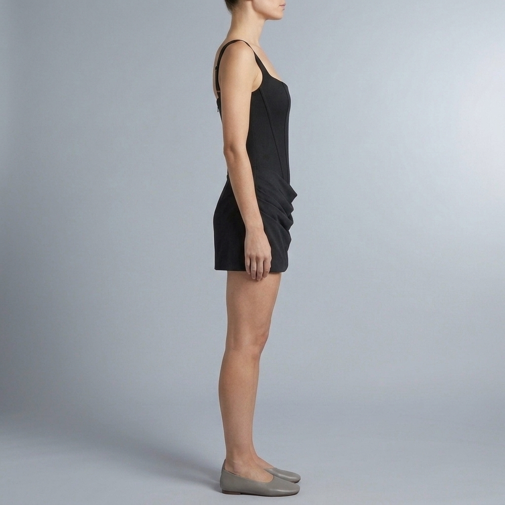 Women's Black Mini Dress | Corset Ruched Square Neck Spaghetti Strap front view