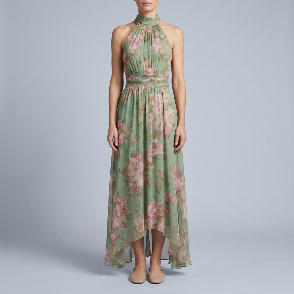 Women's Halter Neck Dress | Maxi Floral Pleated Belted front view
