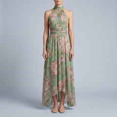 Women's Halter Neck Dress | Maxi Floral Pleated Belted front view