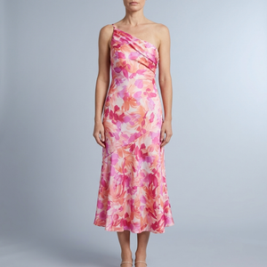 Women's Floral Dress | Maxi One-Shoulder Drape Pink front view