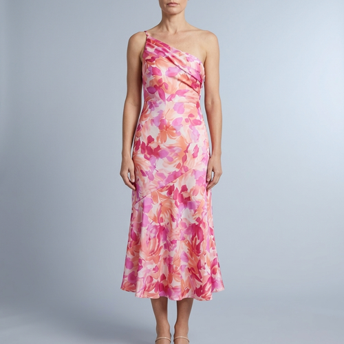 Women's Floral Dress | Maxi One-Shoulder Drape Pink front view