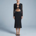 Women's Black Tie Dress | Midi Long Sleeve Rhinestone Cutout black front view