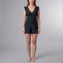Women's Bathing Suit | Ruffled Sleeve Plunge Front Black front view