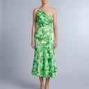 Women's Floral Dress | Maxi One-Shoulder Drape Green front view