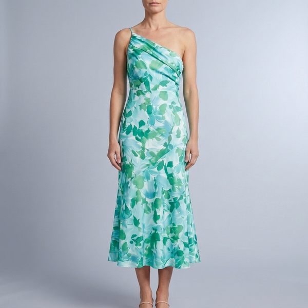 Women's Floral Dress | Maxi One-Shoulder Drape Blue front view