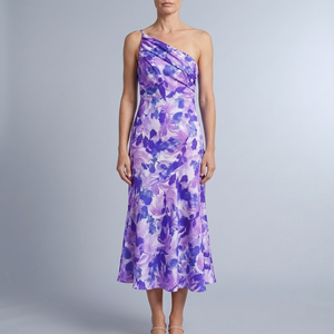Women's Floral Dress | Maxi One-Shoulder Drape Purple front view