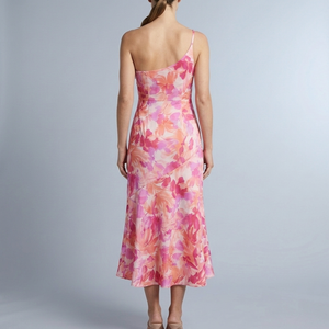 Women's Floral Dress | Maxi One-Shoulder Drape Pink back view