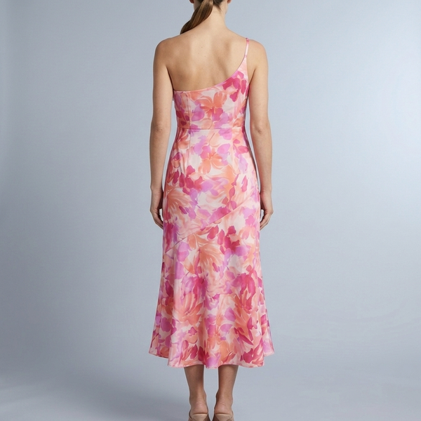Women's Floral Dress | Maxi One-Shoulder Drape Pink back view