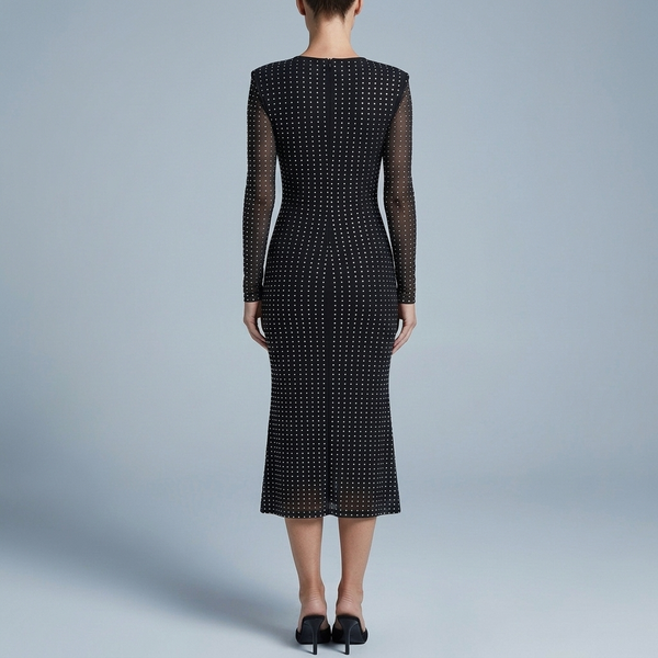 Women's Black Tie Dress | Midi Long Sleeve Rhinestone Cutout black back view