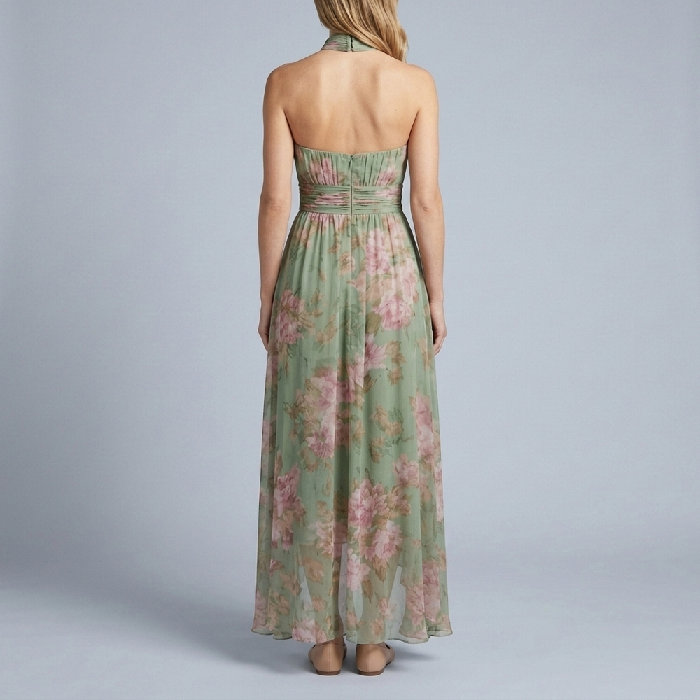 Women's Halter Neck Dress | Maxi Floral Pleated Belted front view