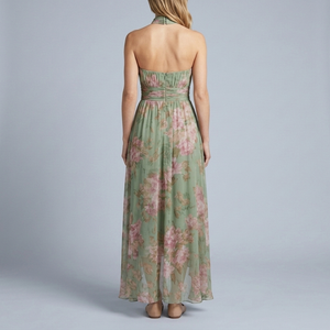 Women's Halter Neck Dress | Maxi Floral Pleated Belted back view
