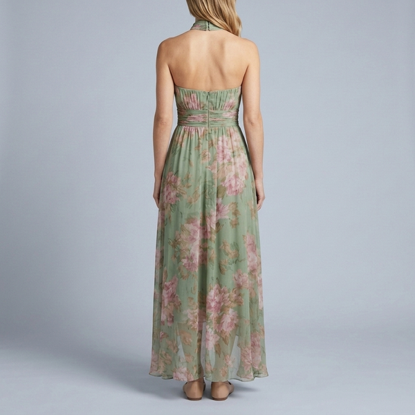 Women's Halter Neck Dress | Maxi Floral Pleated Belted back view