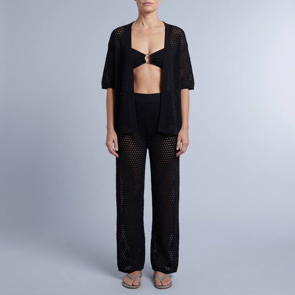 Women's Linen Set | Crochet Knit Wide Leg Trousers Black front view
