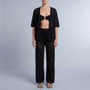 Women's Linen Set | Crochet Knit Wide Leg Trousers Black front view