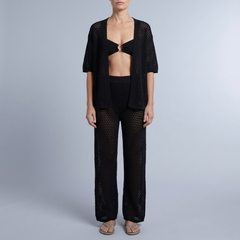 Women's Linen Set | Crochet Knit Wide Leg Trousers Black front view