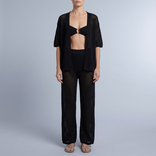 Women's Linen Set | Crochet Knit Wide Leg Trousers Black front view