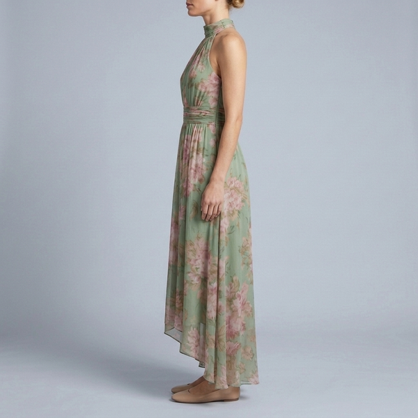Women's Halter Neck Dress | Maxi Floral Pleated Belted side view