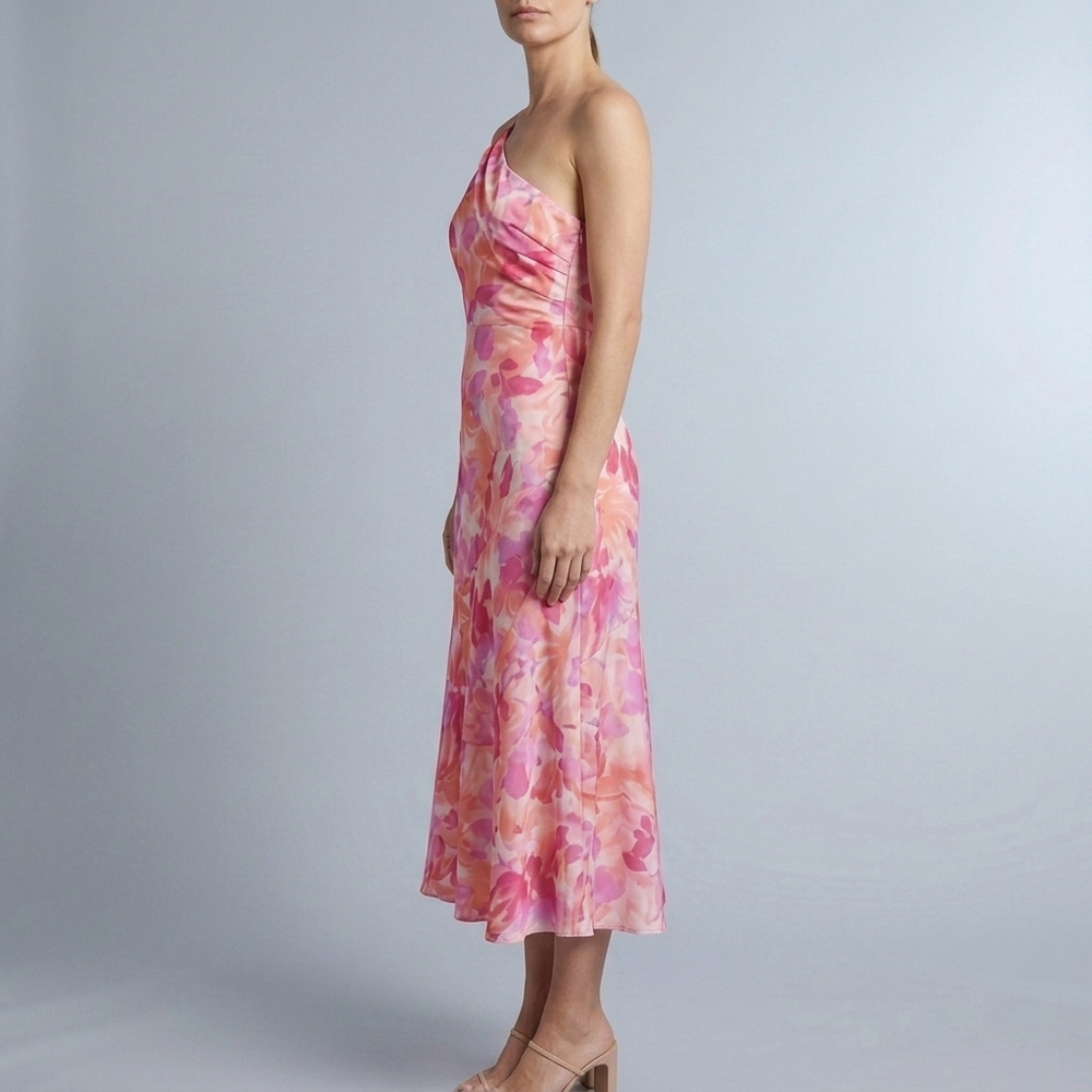 Women's Floral Dress | Maxi One-Shoulder Drape Pink front view