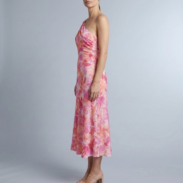 Women's Floral Dress | Maxi One-Shoulder Drape Pink side view