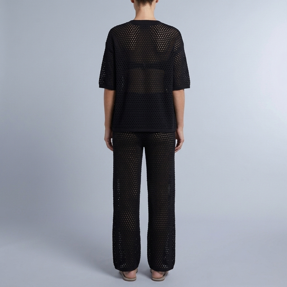 Women's Linen Set | Crochet Knit Wide Leg Trousers Black front view