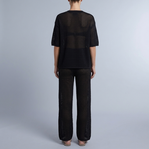 Women's Linen Set | Crochet Knit Wide Leg Trousers Black back view
