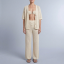 Women's Linen Set | Crochet Knit Wide Leg Trousers Cream front view